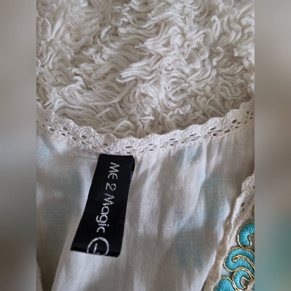 Bohemian V-Neck White Maxi Dress with Teal Embroidery - Picture 3 of 7